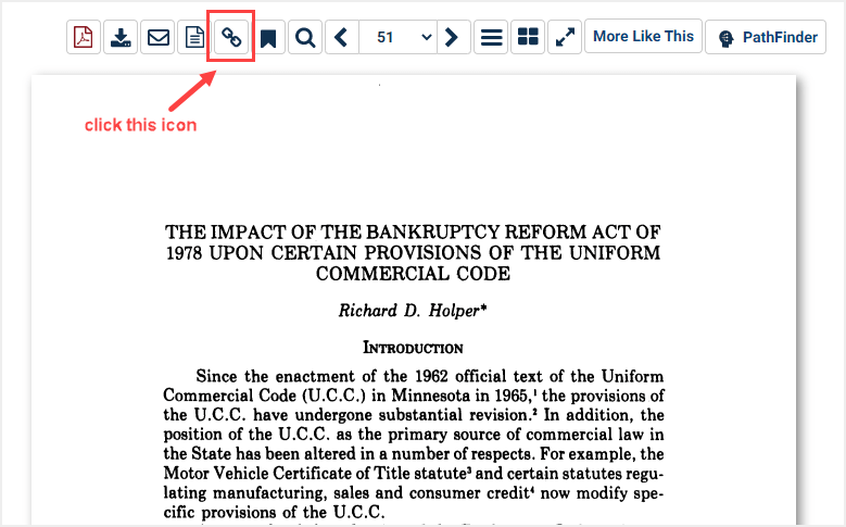 screenshot of article in HeinOnline highlighting the permalink button