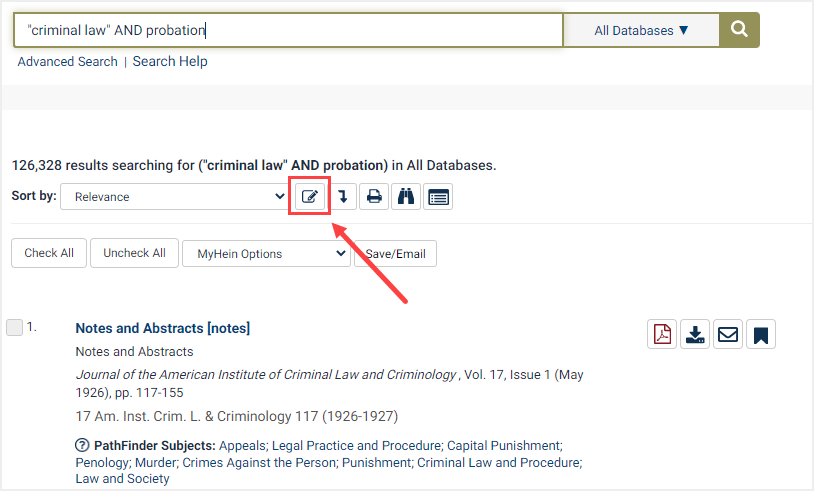 screenshot of search in HeinOnline highlighting "modify search" option