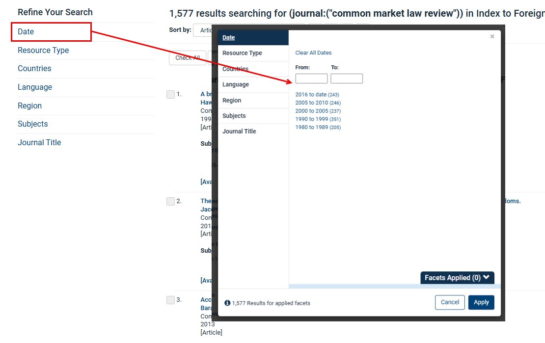 IFLP Search Facet Narrowing by Date and Journal title