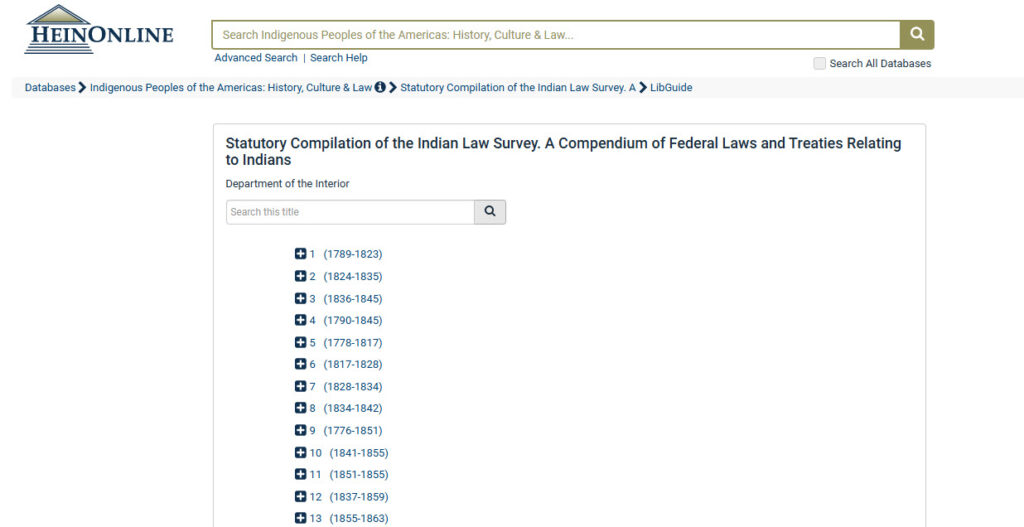screenshot of Statutory Compilation of the Indian Law Survey. A Compendium of Federal Laws and Treaties Relating to Indians