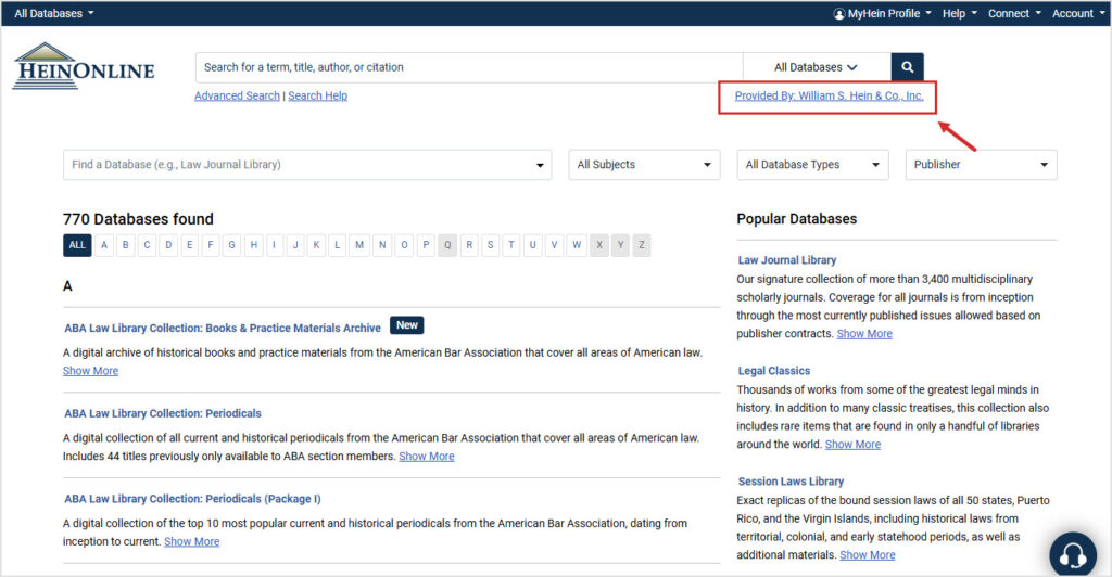 HeinOnline branding option on the HeinOnline welcome page