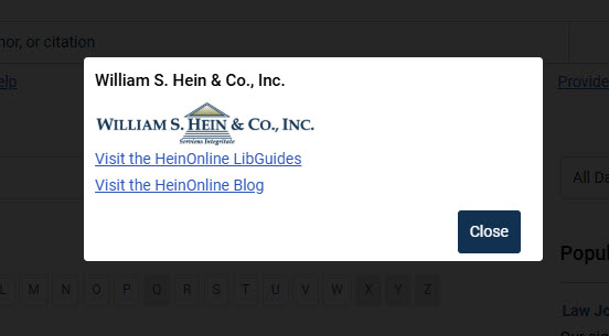 pop-up box for branding in HeinOnline on the welcome page