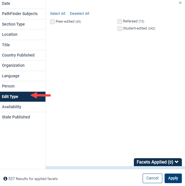 image of edit type options within HeinOnline faceting
