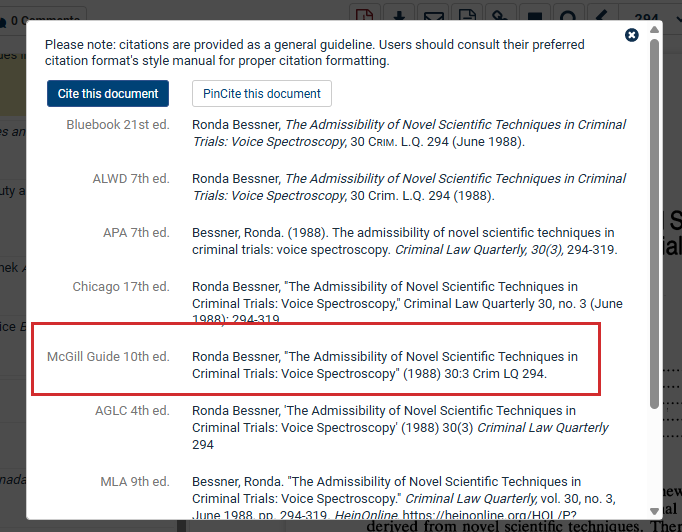 citation options in HeinOnline