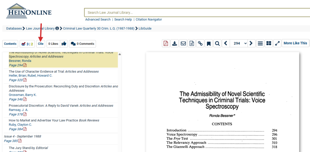 arrow pointing out the Cite button above the Table of Contents in HeinOnline