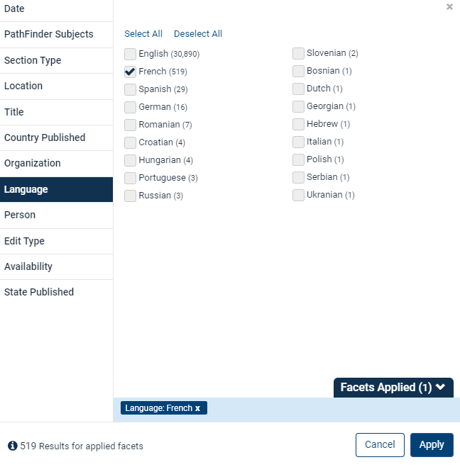 image of the language option within HeinOnline faceting