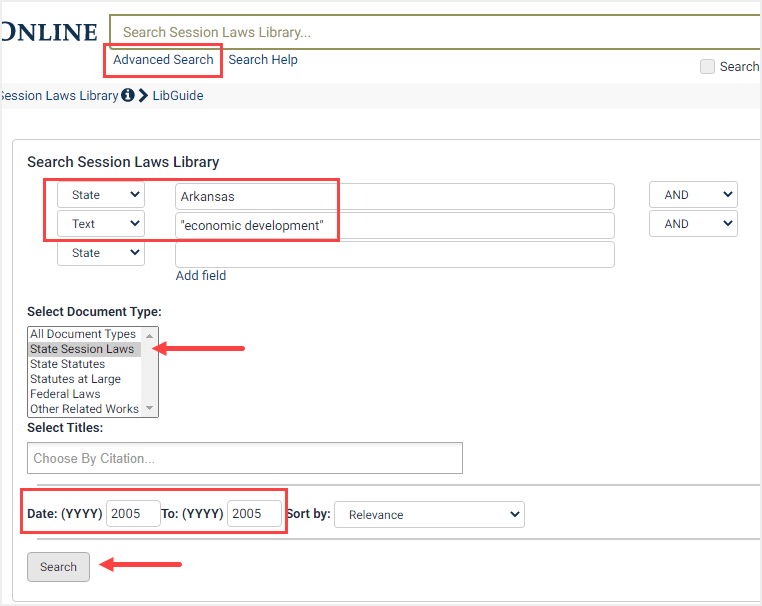 screenshot of Advanced Search by state in the State Session Laws Library