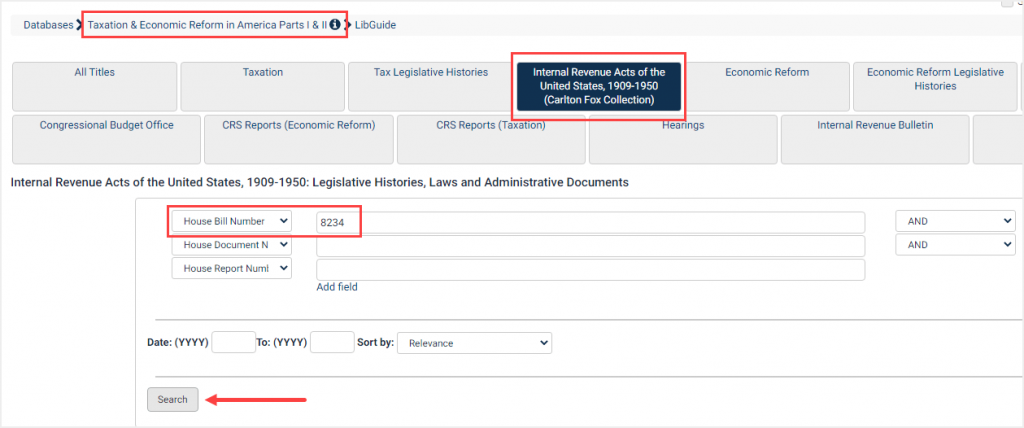 screenshot of search for House Bill number in Internal Revenue Acts of the United States