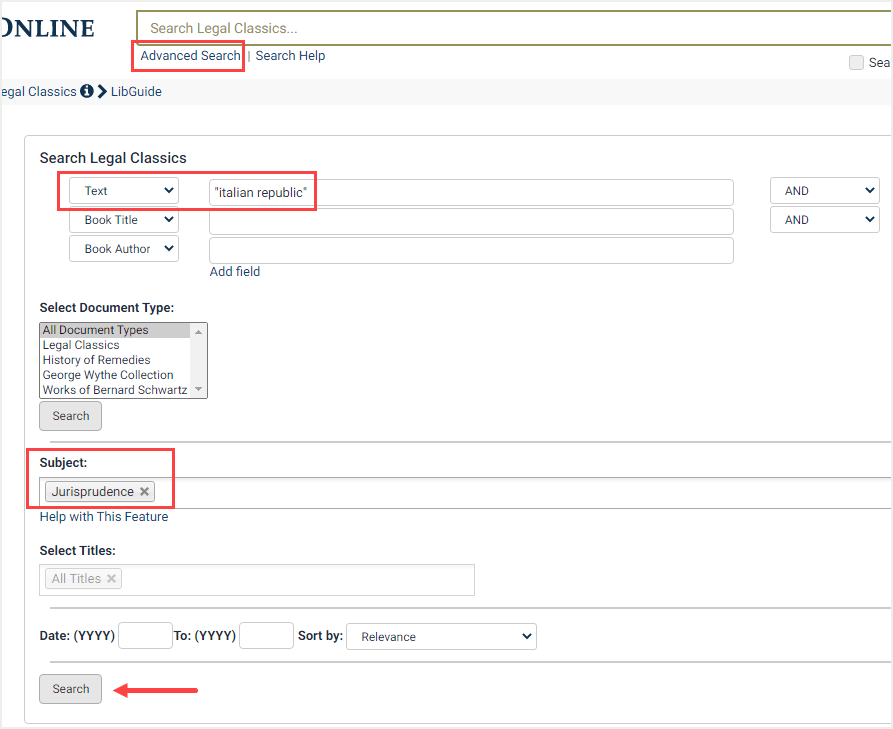 screenshot of Advanced Search by Subject in Legal Classics