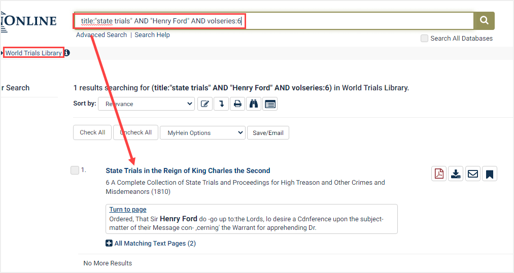 screenshot of search for volume number in World Trials Library