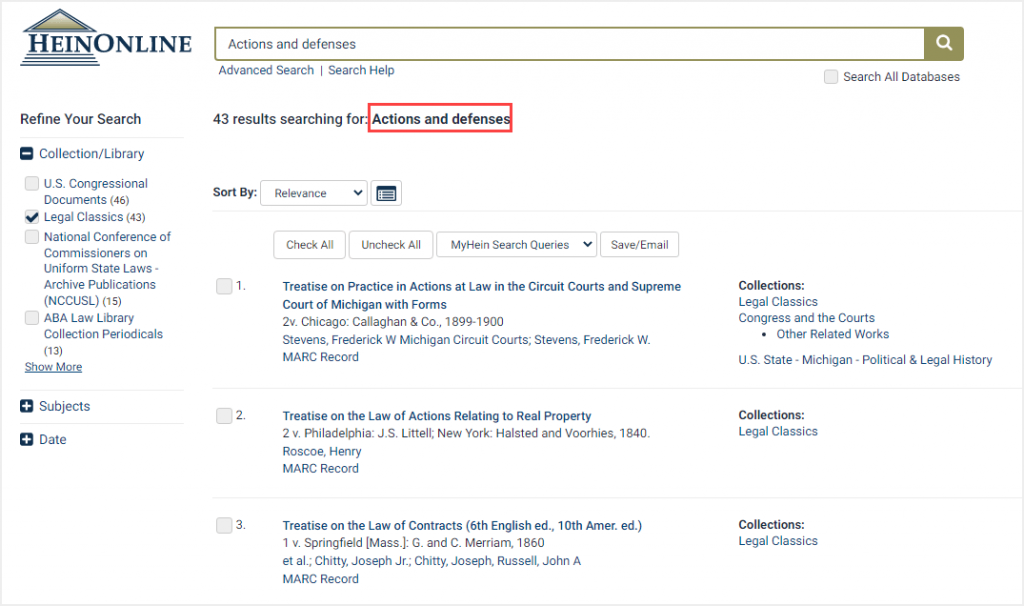 screenshot of search results page in Legal Classics