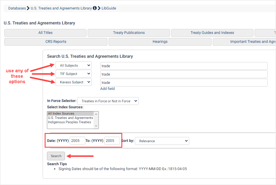 screenshot of search by subject in U.S. Treaties and Agreements Library