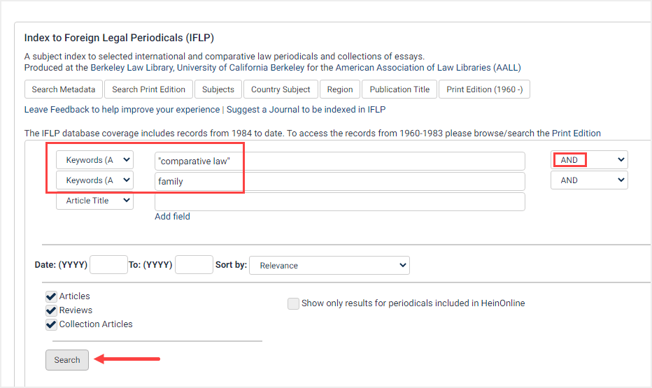 screenshot of metadata search in Index to Foreign Legal Periodicals