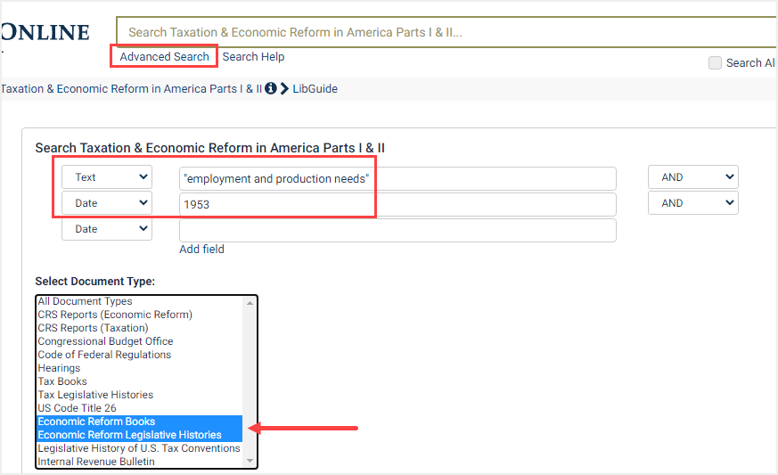 screenshot of Advanced Search by volume date in Taxation and Economic Reform in America
