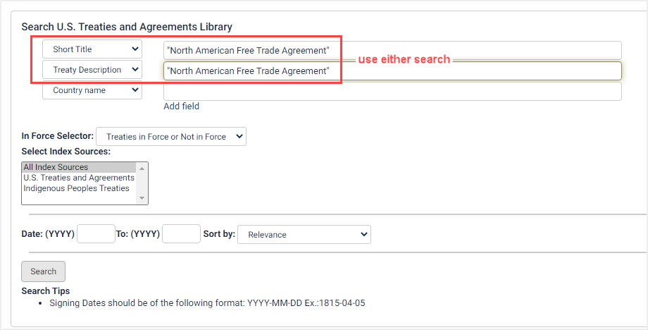 short title or treaty description search in U.S. Treaties and Agreements Library