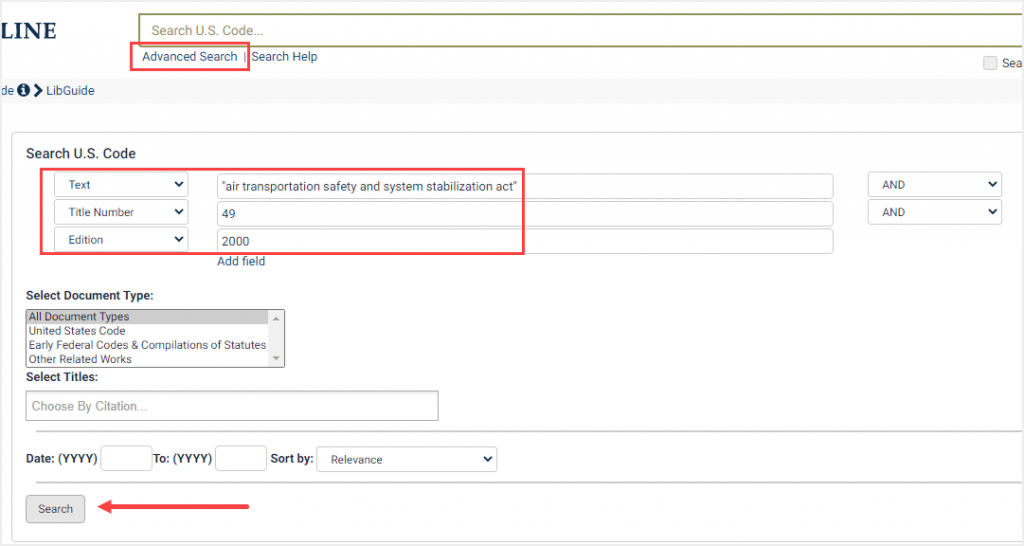 screenshot of advanced search for popular name in U.S. Code
