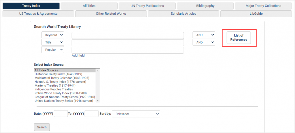 screenshot of World Treaty Library homepage highlighting List of References button