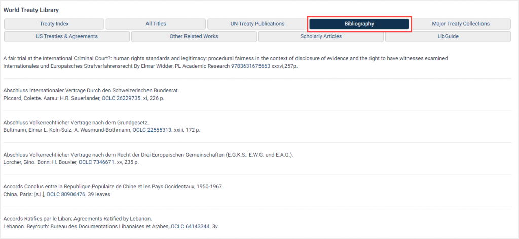 screenshot of Bibliography in World Treaty Library