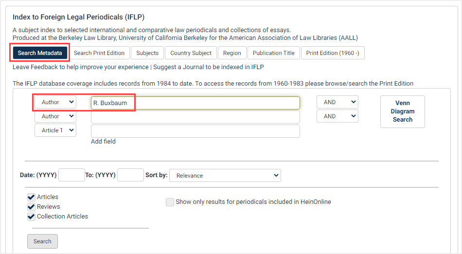 screenshot of metadata search for author in Index to Foreign Legal Periodicals