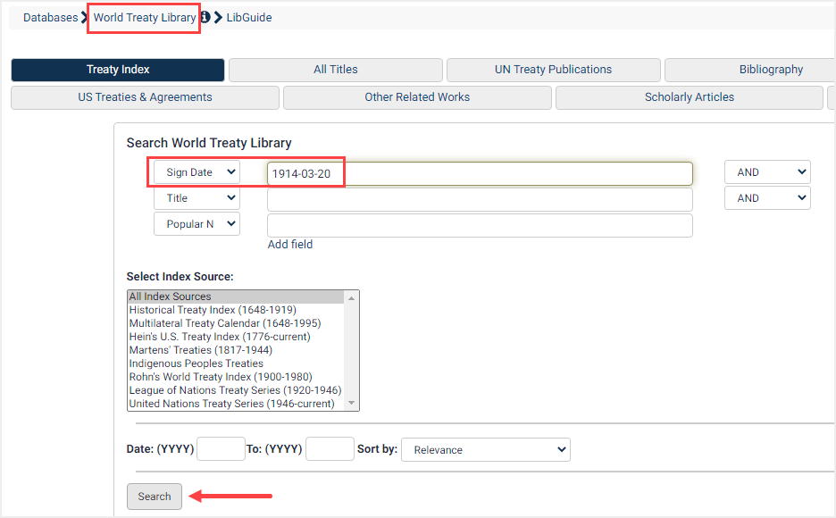 screenshot of search by sign date in World Treaty Library