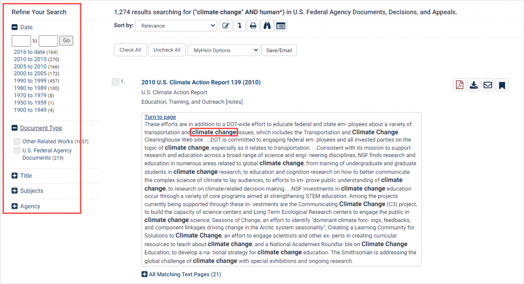 screenshot of search results highlighting Refine Your Search facets and bold-faced text that matches the search terms
