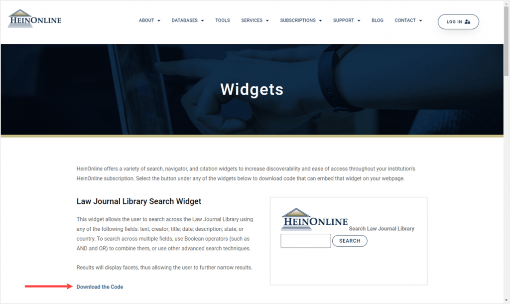 View of HeinOnline widgets page