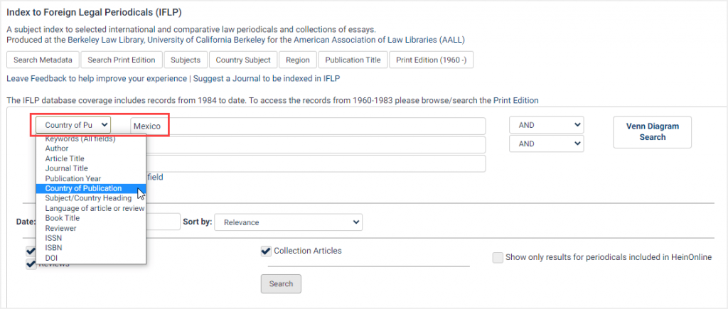 Search by Country of Publication example in Index to Foreign Legal Periodicals