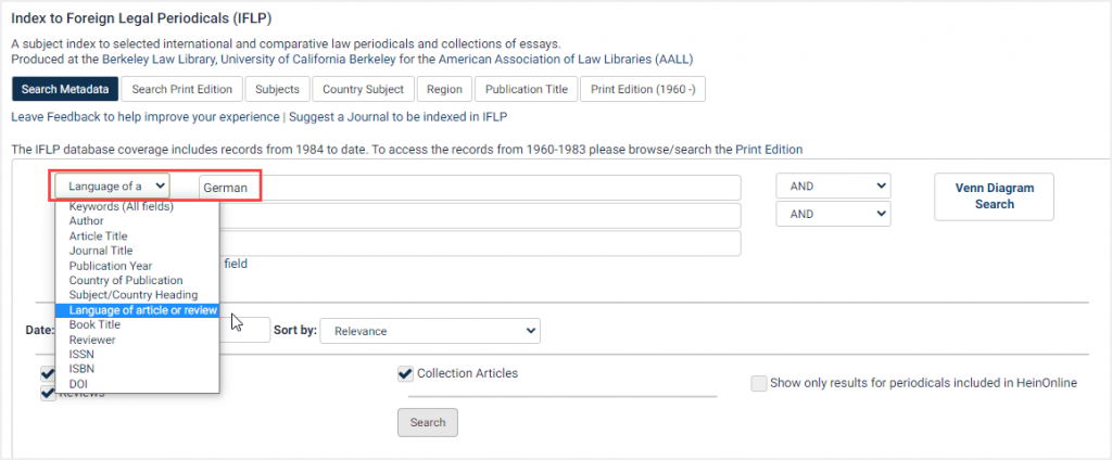 Search example for articles or reviews in German within Index to Forein Legal Periodicals