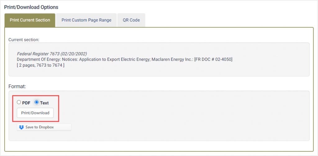 Print/Download option screen showing download format options