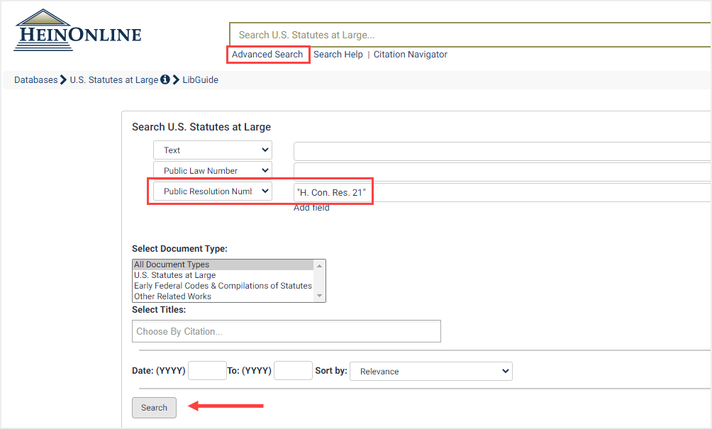 Advanced search example for a concurrent resolution in U.S. Statutes at Large