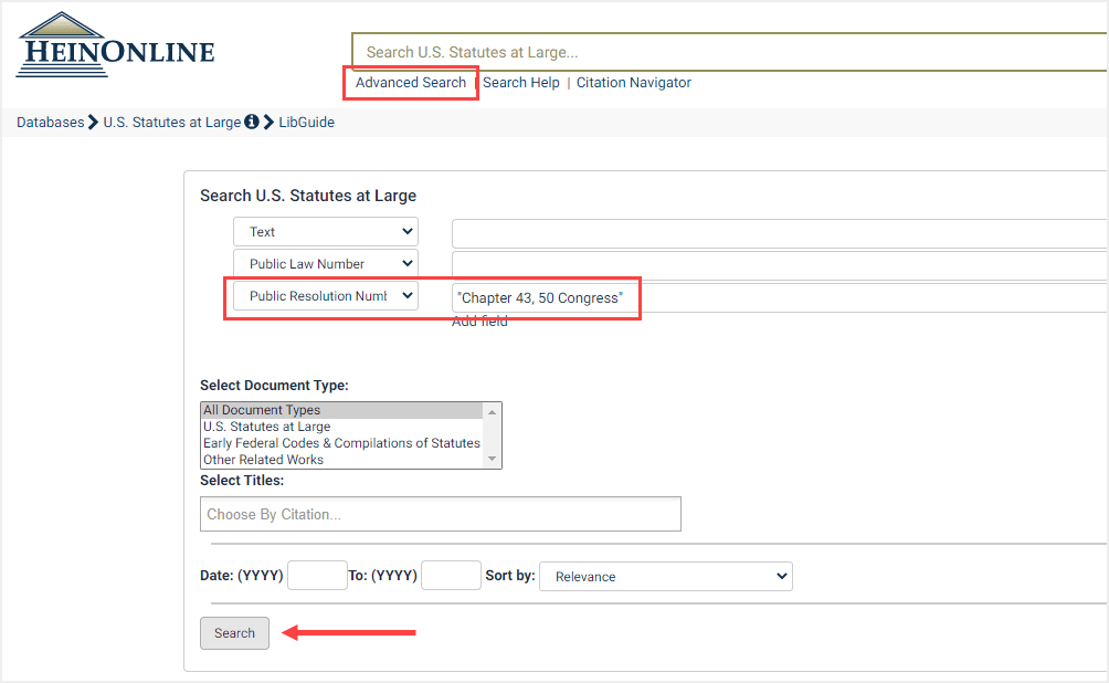Advanced search example for a joint resolution in U.S. Statutes at Large