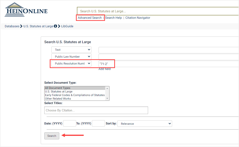 Advanced search example for a public resolution number in U.S. Statutes at Large