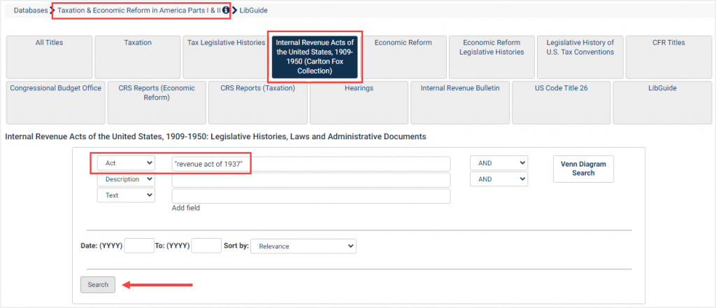 Search example for an Act within the Internatal Revenue Acts of the United States collection within Taxation & Economic Reform in America Parts I & II