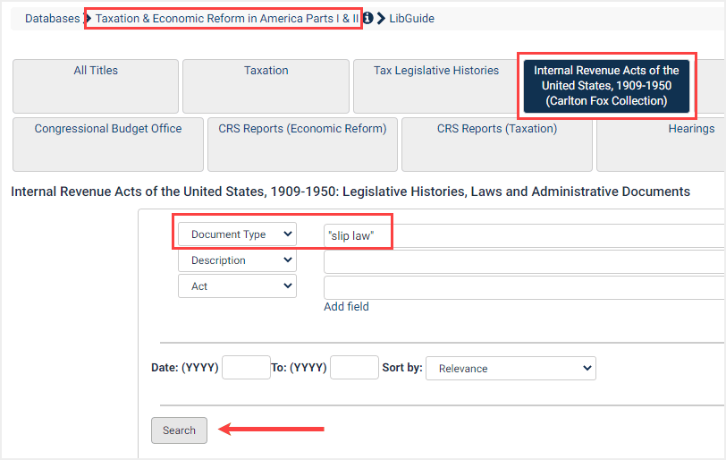 Document Type search within the Internatal Revenue Acts of the United States