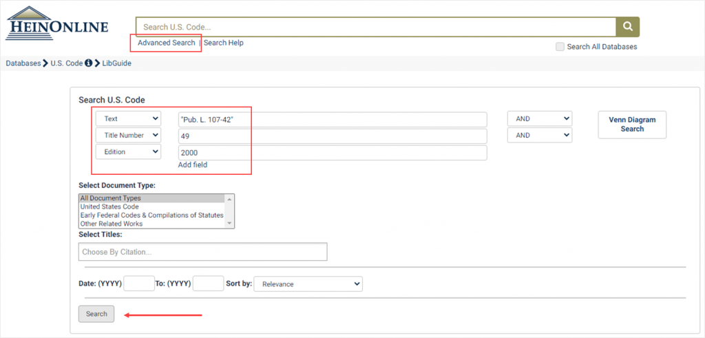 Advanced search example for a public law within the U.S. Code