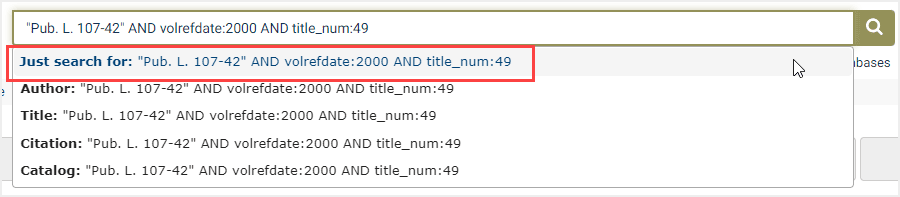 One-box search example for a public law within the U.S. Code