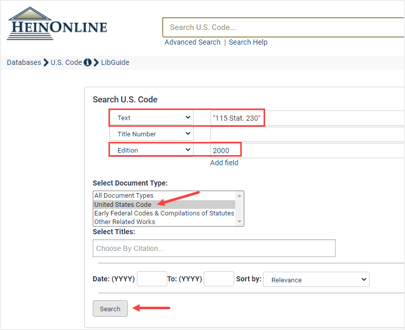 image of how to search for a Statutes at Large Citation within the U.S. Code