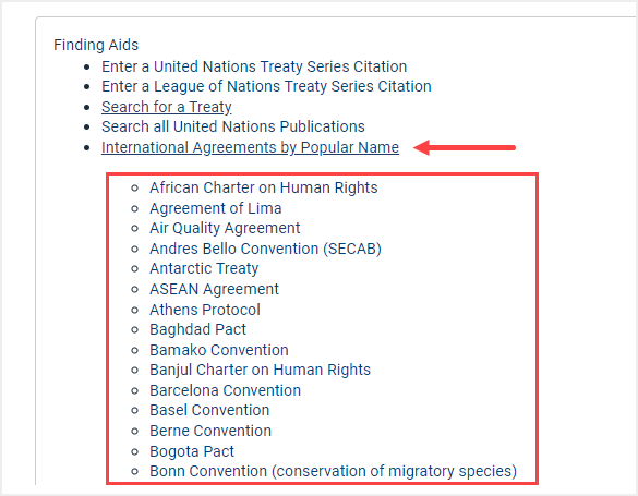 image of list of international agreements in HeinOnline