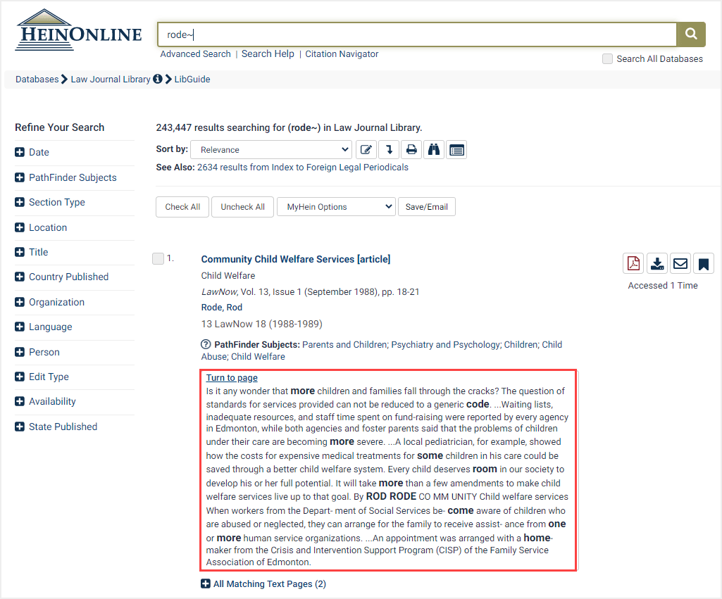Search results of a fuzzy search in the law journal library