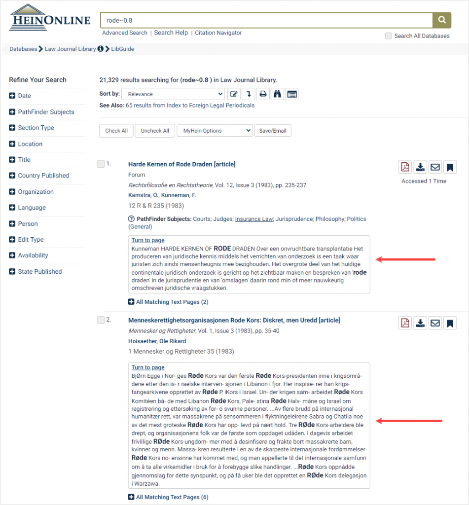 Search results of a fuzzy search with parameter in the law journal library