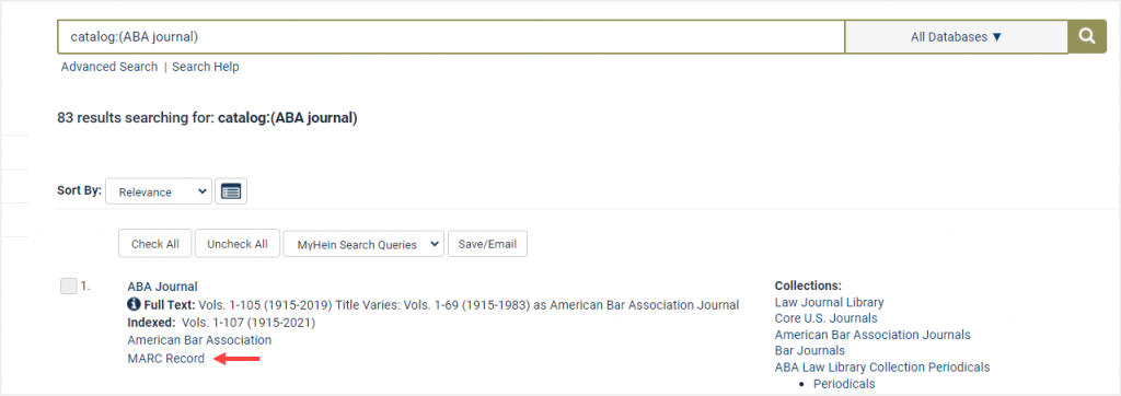 image of catalog search results in HeinOnline