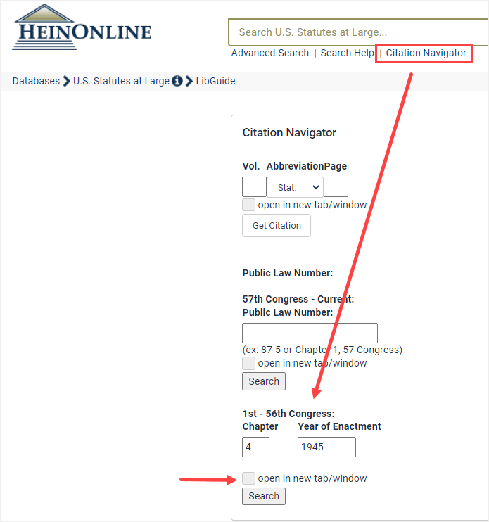 image of how to search for a public law prior to the 57th congress in U.S. Statutes at Large