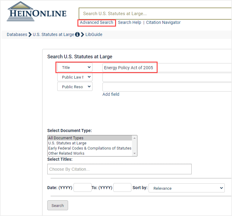 image of Advanced Search within U.S. Statutes at Large database