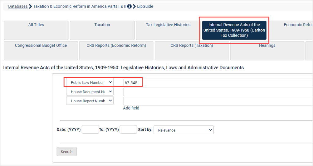 image of a search for a public law number in the Internal Revenue Acts