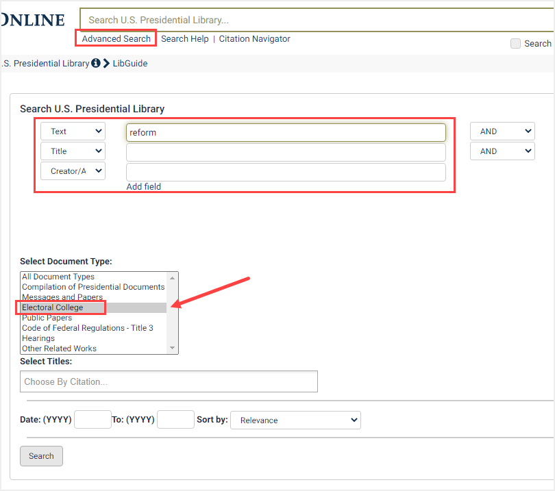 screenshot of Advanced Search in U.S. Presidential Library