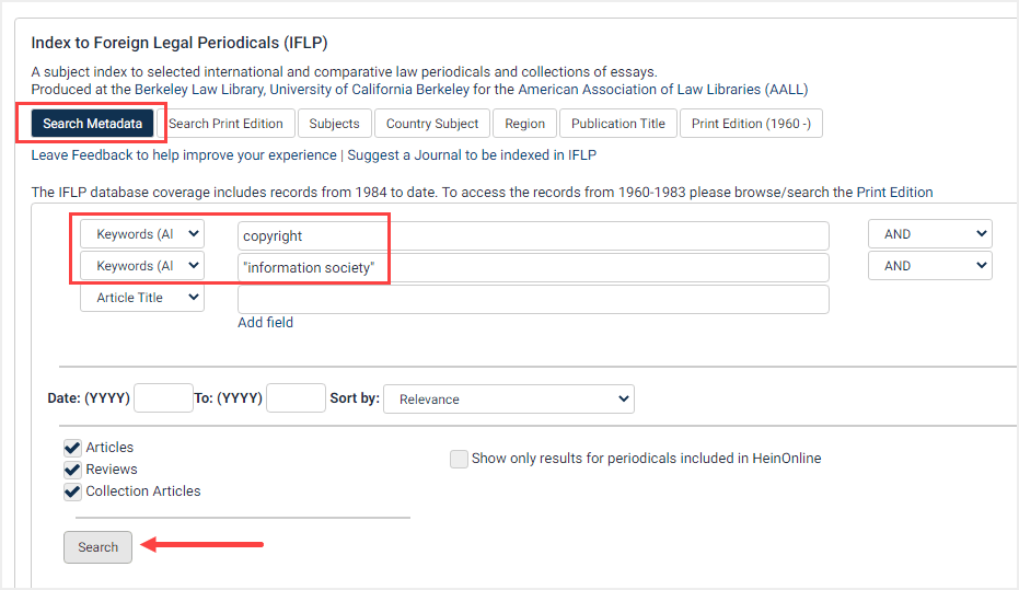 screenshot of search by keyword in Index to Foreign Legal Periodicals