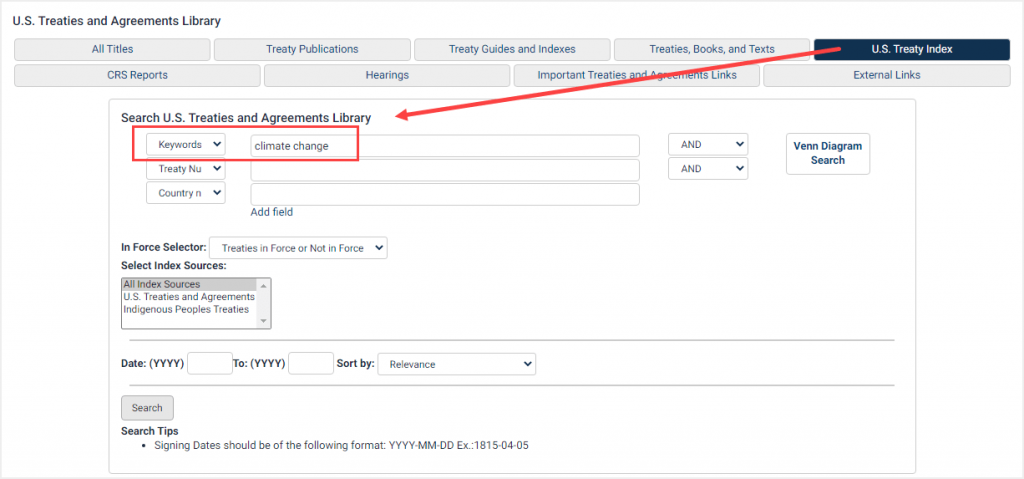 screenshot of U.S. Treaty Index search tool