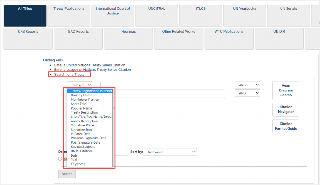 screenshot of Search for a Treaty finding aid