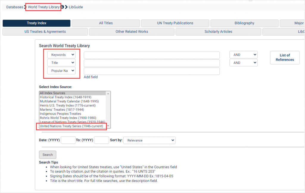 screenshot of search tool in World Treaty Library