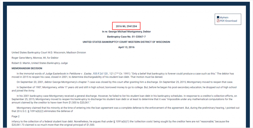 screenshot of unpublished decision in HeinOnline